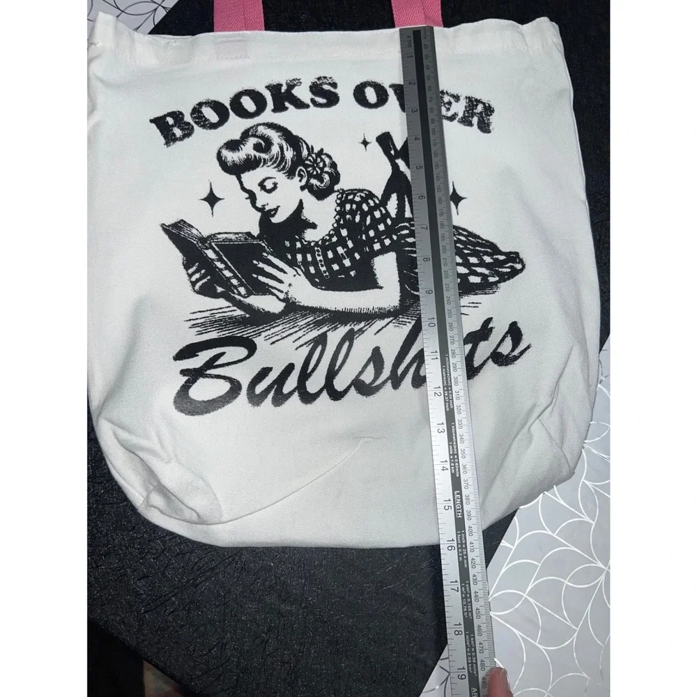 Books Over Bullsh*t Graphic Tote Bag White Pink Straps Canvas